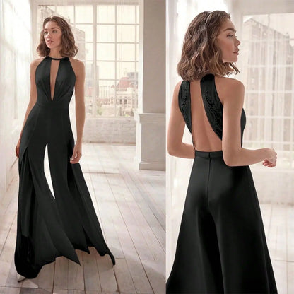 White/Black Halter Neck Backless Jumpsuits For Women Elegant Lace Trim Wide Leg Jumpsuit Wedding Bridesmaid Evening Party Prom