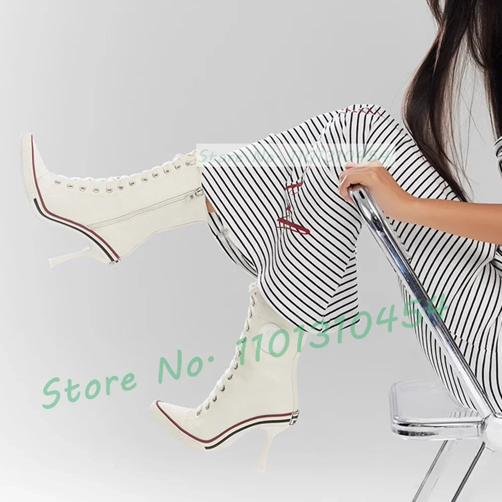 White High Heel Canvas Ankle Boots Women Front Cross-tied Pointy Toe Shoes Side Zipper Sexy Girls Sporty Casual High Top Booties