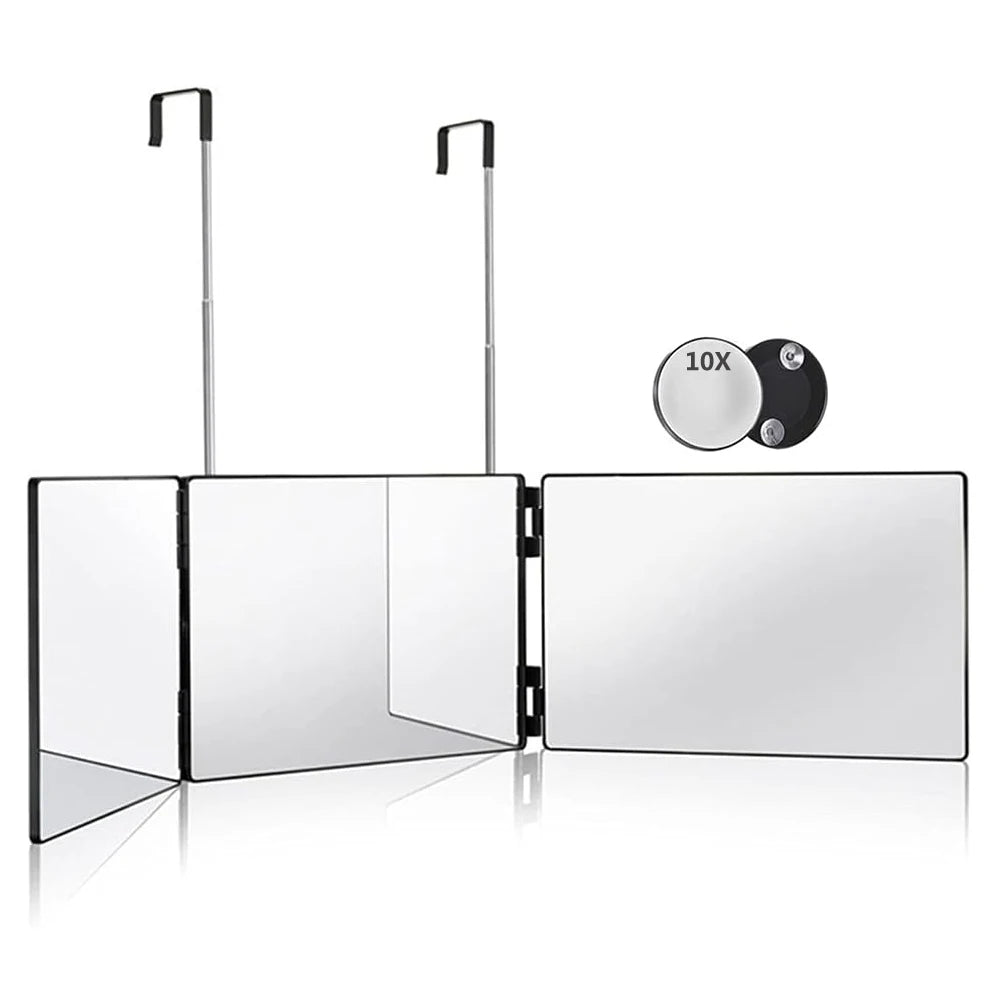 Travel Portable 360° Trifold Vanity Makeup Mirror with Height Adjustable Telescoping Hook for Hair Self Cutting, Shaving, Gifts
