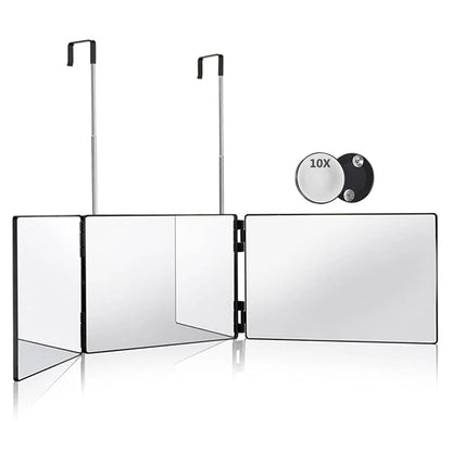 Travel Portable 360° Trifold Vanity Makeup Mirror with Height Adjustable Telescoping Hook for Hair Self Cutting, Shaving, Gifts