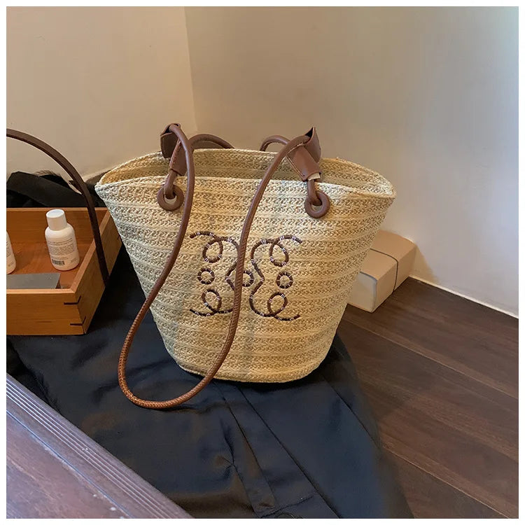 Summer New Vacation Woven Straw Bag, High Quality Seaside Beach Bag for Women, Women's Beach Bags Bucket Bag