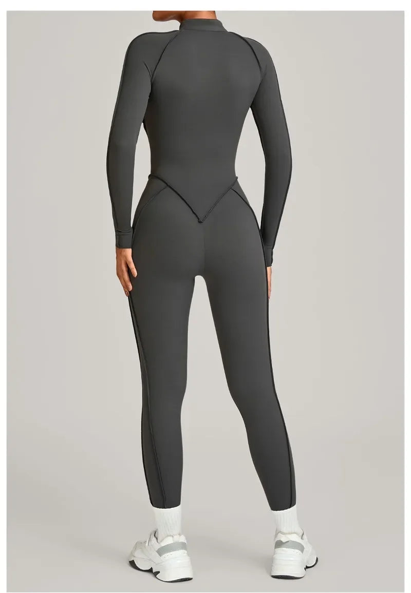 Women's Winter Yoga Jumpsuits Sports Fitness Hip-Lifting Slimming One-piece Zipper Long-Sleeved Outdoor Gym Workout Bodysuits