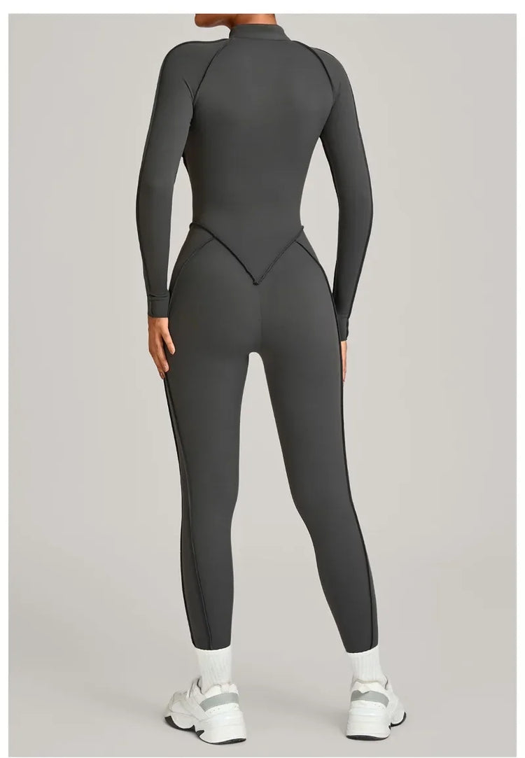 Women's Winter Yoga Jumpsuits Sports Fitness Hip-Lifting Slimming One-piece Zipper Long-Sleeved Outdoor Gym Workout Bodysuits