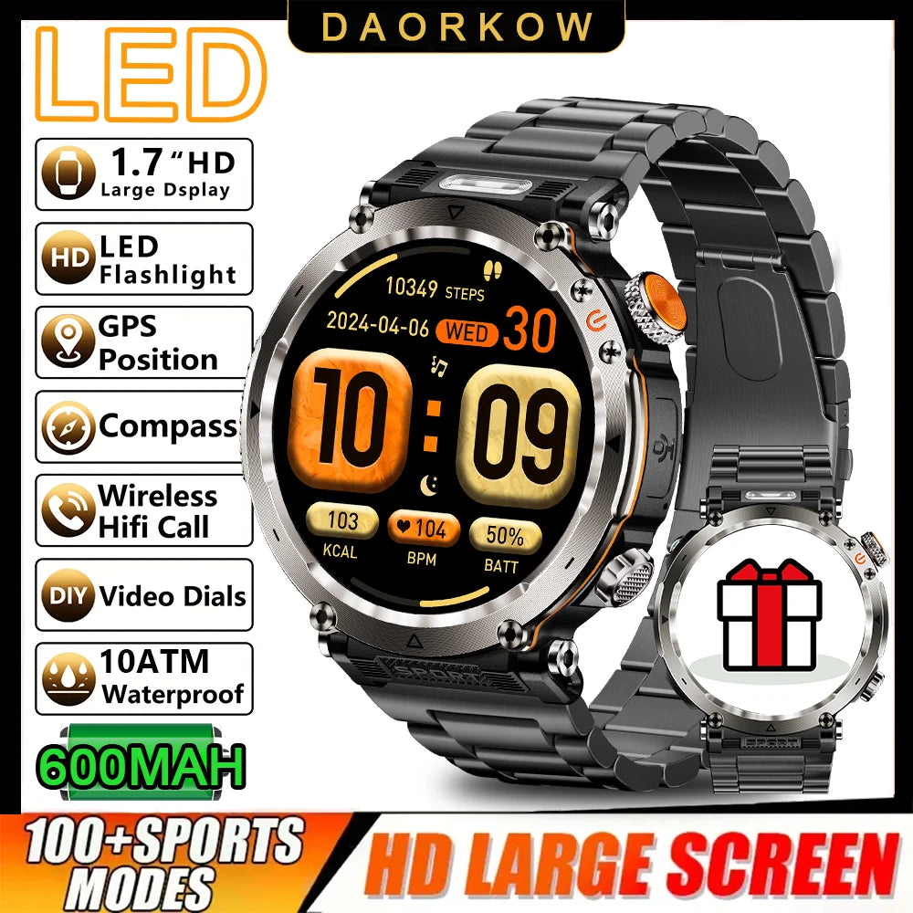 DAORKOW 2026 New Model 10ATM Waterproof 600mAh Smartwatch Compass LED Flashlight Bluetooth Call Outdoor Sports Smartwatch