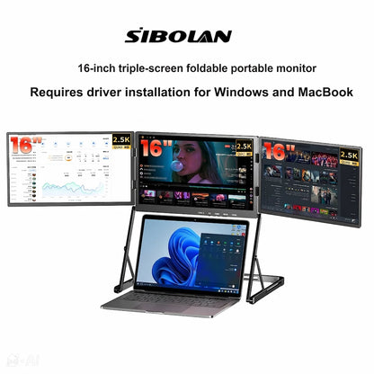 SIBOLAN 16 Inch Triple Screen Foldable Extender Display 2.5k/1080P IPS All-Metal Adjustable Stand USB C for MAC Laptop Travel