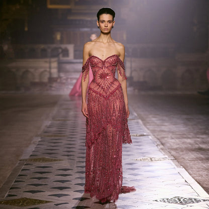 Sharon Said Evening Dresses Luxury A-Line Off Shoulder Tulle Crystals Beaded Tassels Formal Wedding Party Gowns SS516 Customized