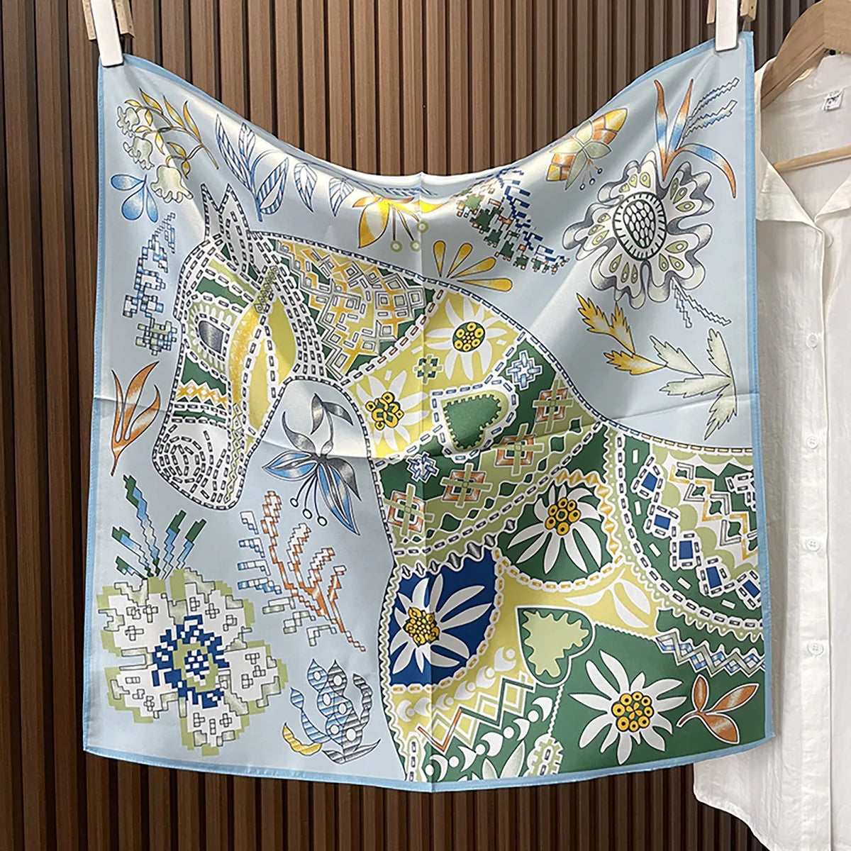 Green Boho Horse Square Scarf 70cm Ethnic Floral Satin Bandana Women Neck Handbag Wrap Elegant Silk Feel Daily Fashion Accessory