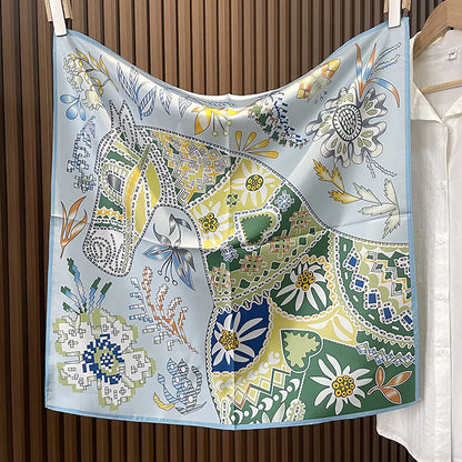 Green Boho Horse Square Scarf 70cm Ethnic Floral Satin Bandana Women Neck Handbag Wrap Elegant Silk Feel Daily Fashion Accessory