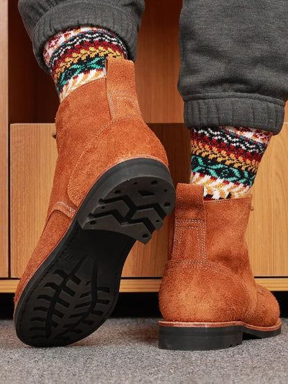 Vintage Handmade Genuine Leather Boots Male Lace Up Outside High Top Shoes Round Toe Mens Suede Cowskin Motorcycle Short Boots