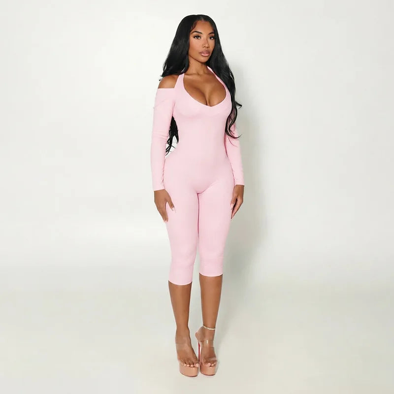 FLARORA Sexy Serpentine Print Jumpsuits Woman Halter Off-shoulder Full Sleeve Skinny Peach Hip Playsuits Hottie Party Clubwear