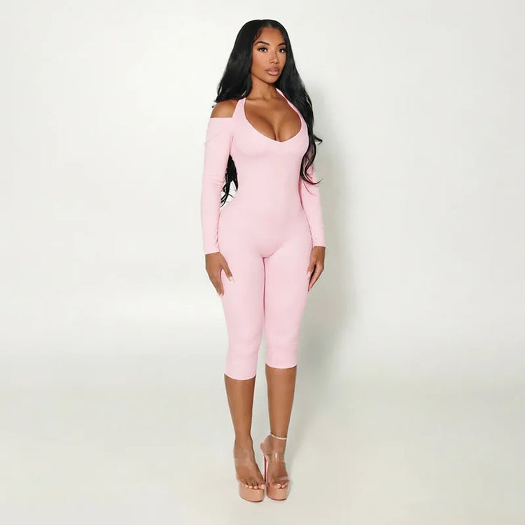 FLARORA Sexy Serpentine Print Jumpsuits Woman Halter Off-shoulder Full Sleeve Skinny Peach Hip Playsuits Hottie Party Clubwear