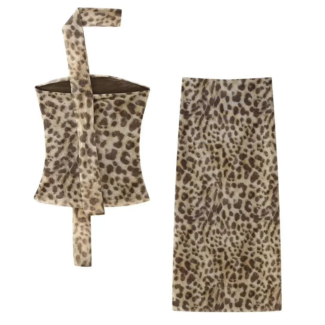 HH Women Leopard Print 2 Piece Outfit Midi Skirt Suit Sexy Summer Backless Strapless Crop Top Fashion Elegant Beach Party Sets