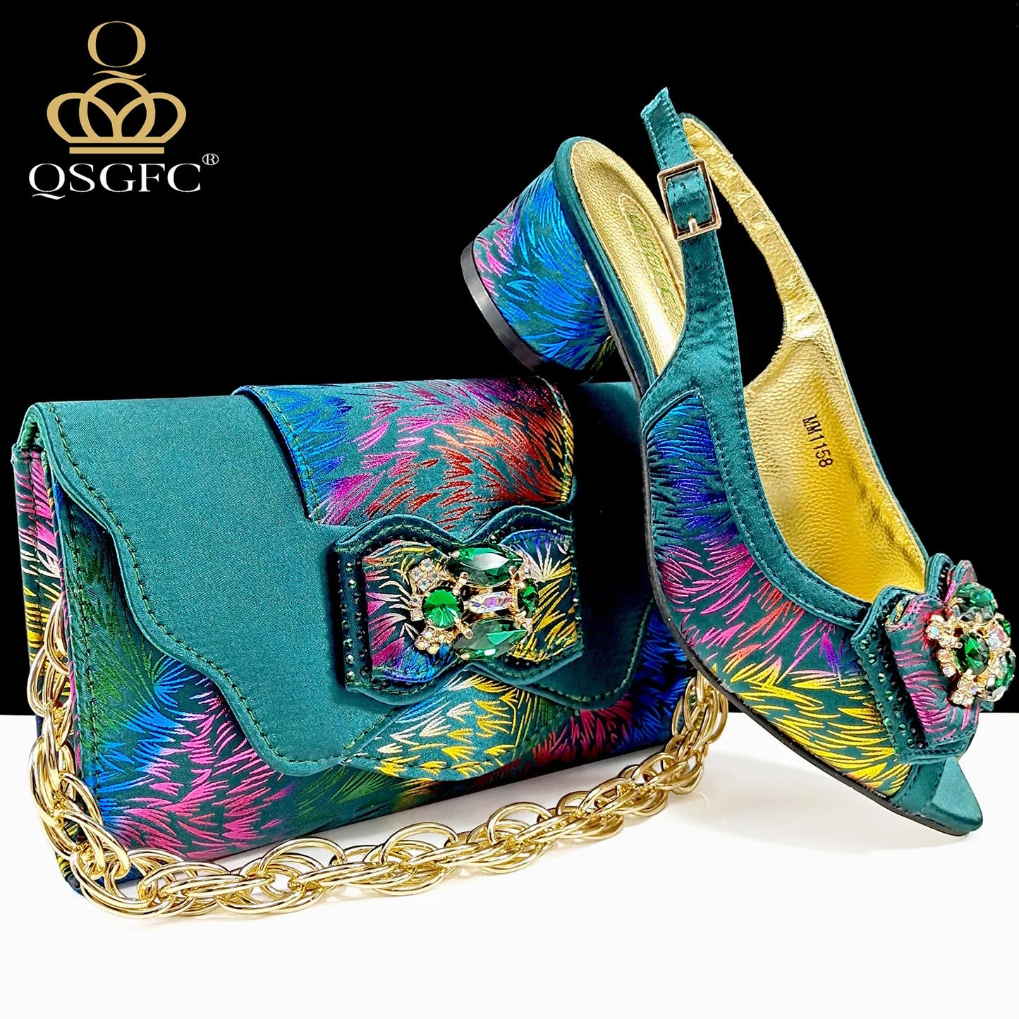 QSGFC Italian Design Color Matching Rhinestone Comfortable High Heel Shoes And Bag Fashion Style Pointed-Toe Shoes For Women