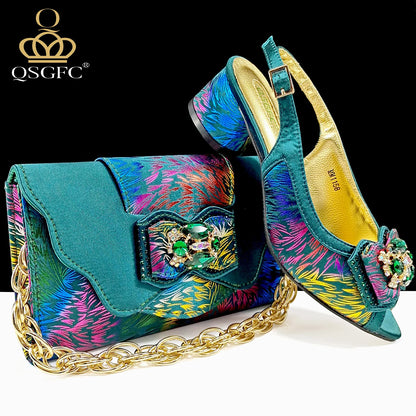 QSGFC Italian Design Color Matching Rhinestone Comfortable High Heel Shoes And Bag Fashion Style Pointed-Toe Shoes For Women