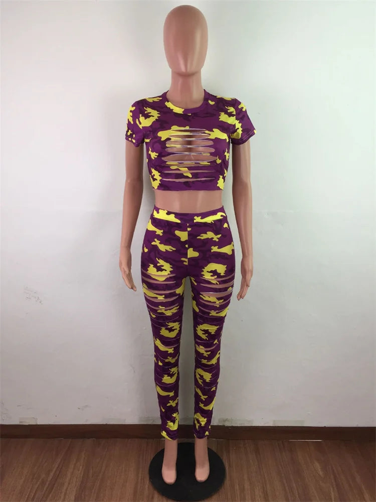 Wmstar Women Two Piece Set Summer Sexy Sport Fashion Casual Ripped Sweatshirt Sweat Camouflage Print Pant Sets Outfit Tracksuit