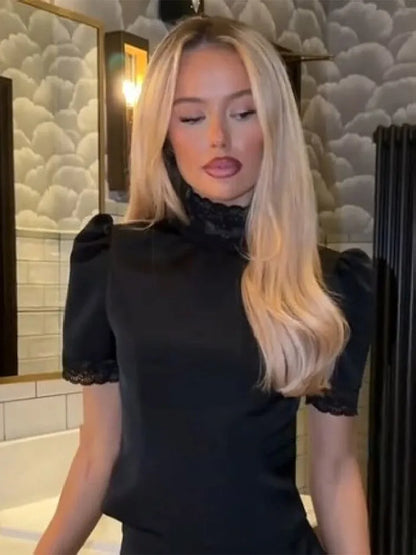 New Satin Lace Edge Top Short Sets Lace High Neck Padded Shoulder Blouse Low Waist Shorts 2026 Lady Spring Summer Party Outfits