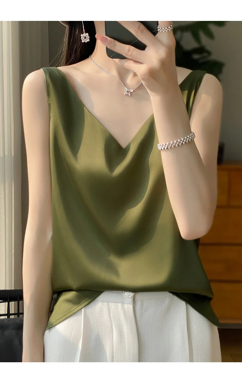 New Lce Silk Satin Camisole Women's Spring/Summer Solid Color Sleeveless Sexy Comfortable Silk Underwear Vest RW-D09