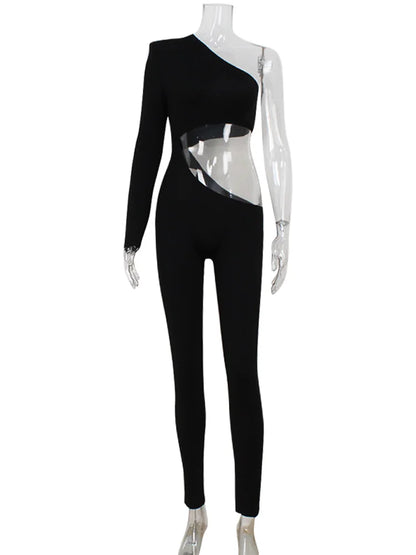 CNYISHE Solid Cut Out One Shoulder Sheath Tomper Fashion Women Jumpsuits Sexy Club Long Sleeve Backless Female Elegant Long Pant