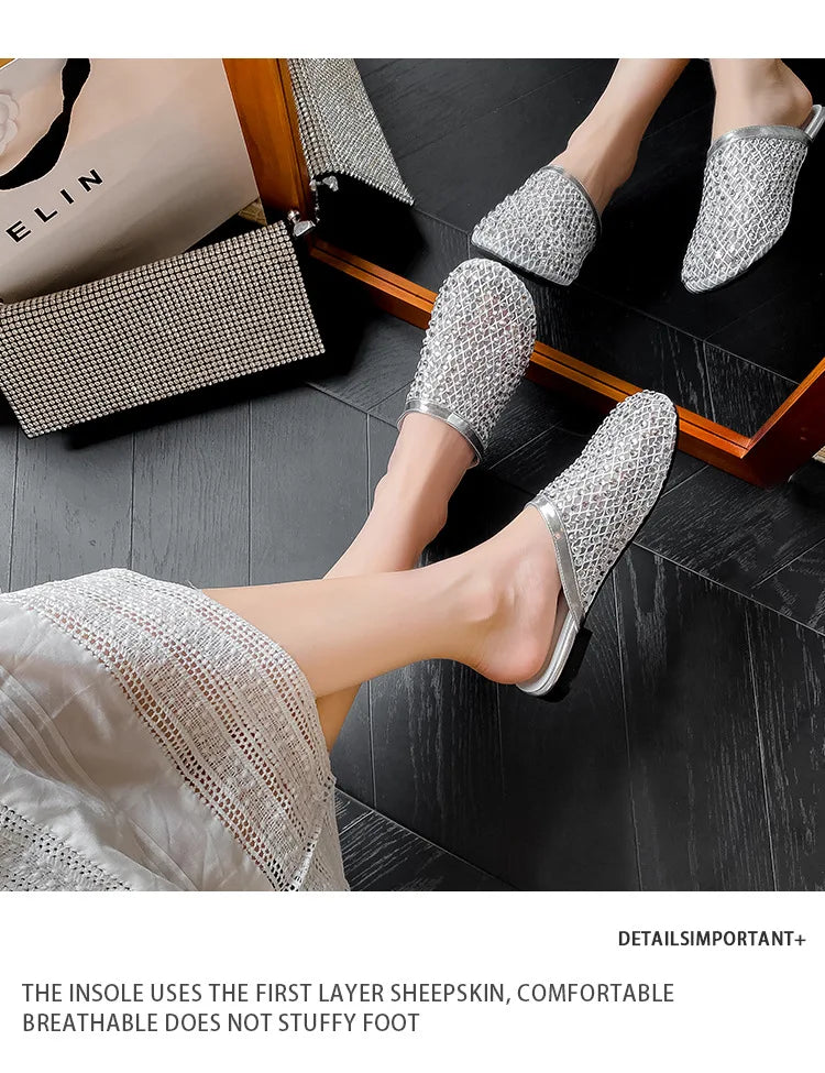 Summer Shoes for Women Slippers Luxury Rhinestone Rivets Casual Sandals Mesh Slip-on Loafers