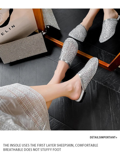 Summer Shoes for Women Slippers Luxury Rhinestone Rivets Casual Sandals Mesh Slip-on Loafers