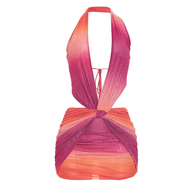 Weird Puss Colorful Gradient Print Dress Women Backless Sleeveless Halter Deep v-Neck Mesh Folds Summer Fashion Mini Bodycon
