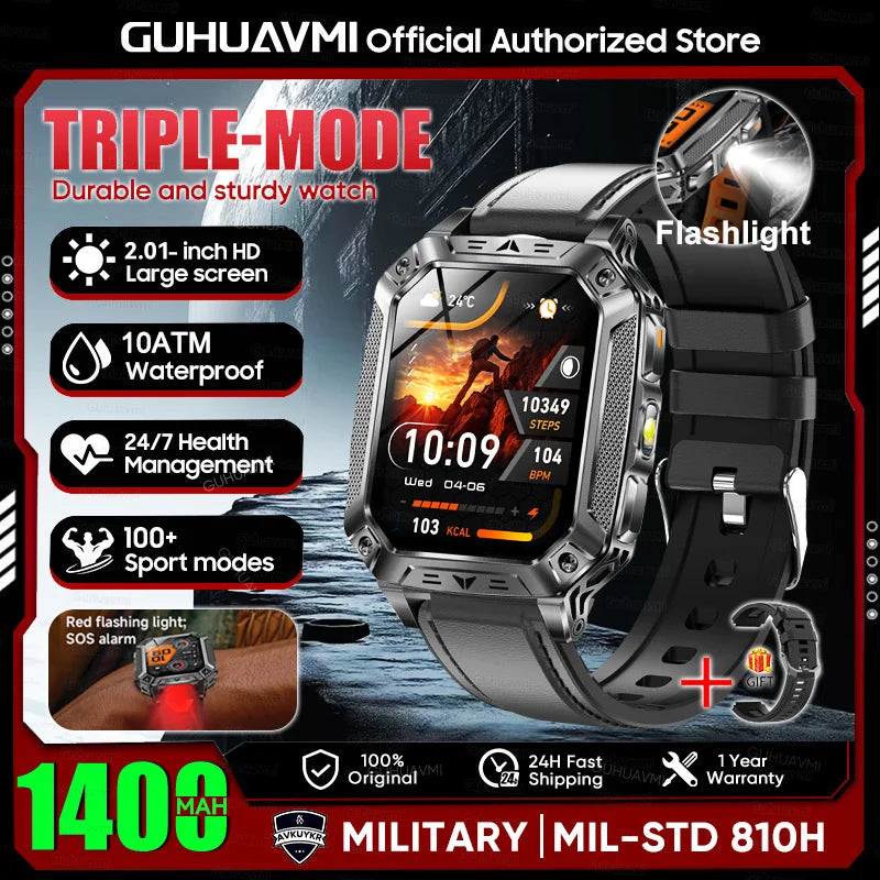 2026 New Military outdoor 1400mAh Battery SmartWatch Men Waterproof Call 2.01" HD AMOLED Sports Heart rate Flashlight Smart Band