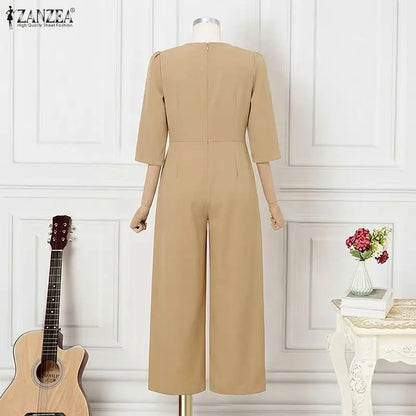 ZANZEA OL Work Party Women Jumpsuits Solid Color Summer 3/4 Sleeve Sevy V Neck Rompers Solid Playsuits Wide Leg Pants Streetwear