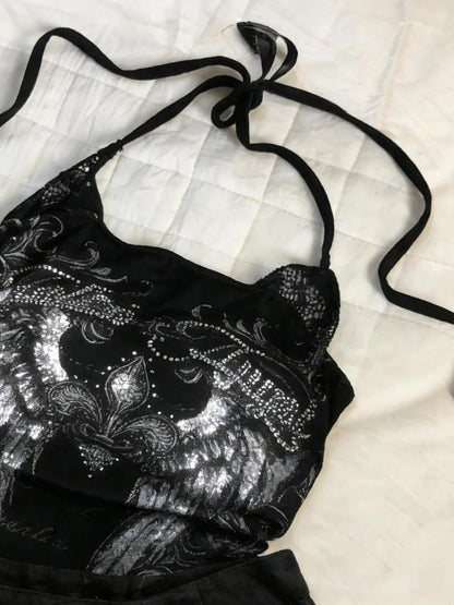 Sexy Hottie Y2k Aesthetic Rose Print Halter Vest Women Vintage Slim Fit Camis Outerwear Crop Top Harajuku Hotsweet Short Tanks