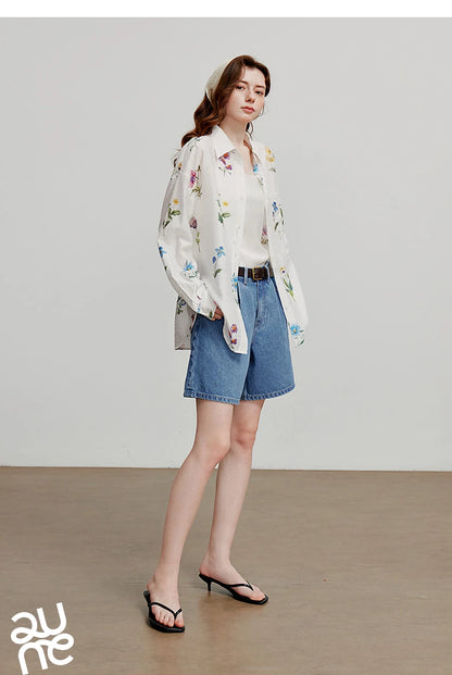 TOYOUTH Women Shirts 2026 Summer New Linen Lyocell Print Fresh Mid Length Floral Blouse Tops