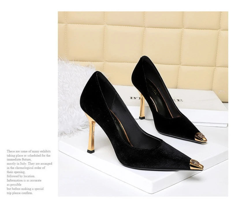 Women Peach Pink Velvet Metal Capped Pointed Toe Pumps Gold Trapezoid Thin High Heels Gentle Retro Luxury Date Banquet Ladies
