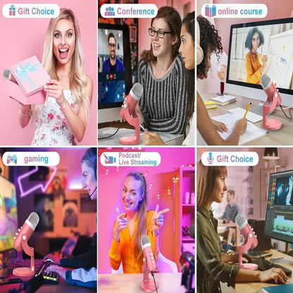 Haomuren USB Condenser Microphone Pink Studio Recording Mic for PC Mac Computer Phone Gaming Streaming Podcasting Laptop Desktop