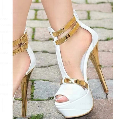 BERZIMER Women Platform Sandals Peep Toe Back Zip Up Thin High Heels Pumps Prom Ladies Sweet Shoes Woman Large Size 41 43 45 52