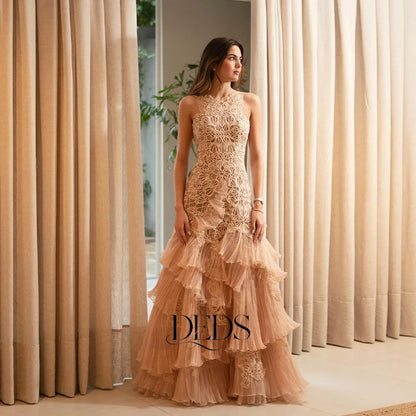 DEDS Custom Sparkly A-line Evening Dresses for Women Sequined Ruffles Scarf Celebrity Party Gowns Saudi Robes De Soiree
