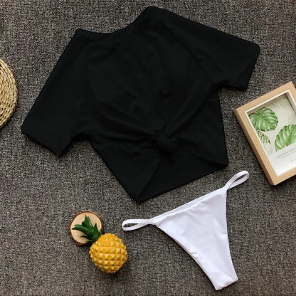 2 Colors Sexy Two Piece Swimsuit Swimwear Women Short Sleeve Knotted Solid Two-piece Bathing Suit Beachwear Banadores Mujer 2026