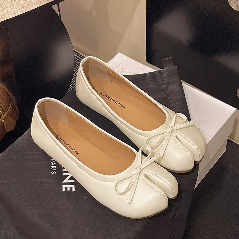 Luxury Brand Spring Retro Women's Bow Split Hoof Toe Single Shoes Comfortable Rubber Bottom Ladies Tabi Ninja Ballet Flat Shoes