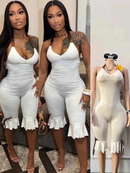 Joskaa Bowknot Decorate Halter Apricot Jumpsuit Women Hipster Sexy V-neck Backless Bandage Skinny Rompers Beach Holiday Clubwear