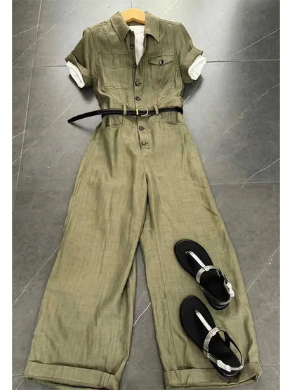 New Summer High End Green Cargo Jumpsuit Women Casual Lapel Short Sleeve Solid Color Wide Leg Pants Jumpsuits With Belt