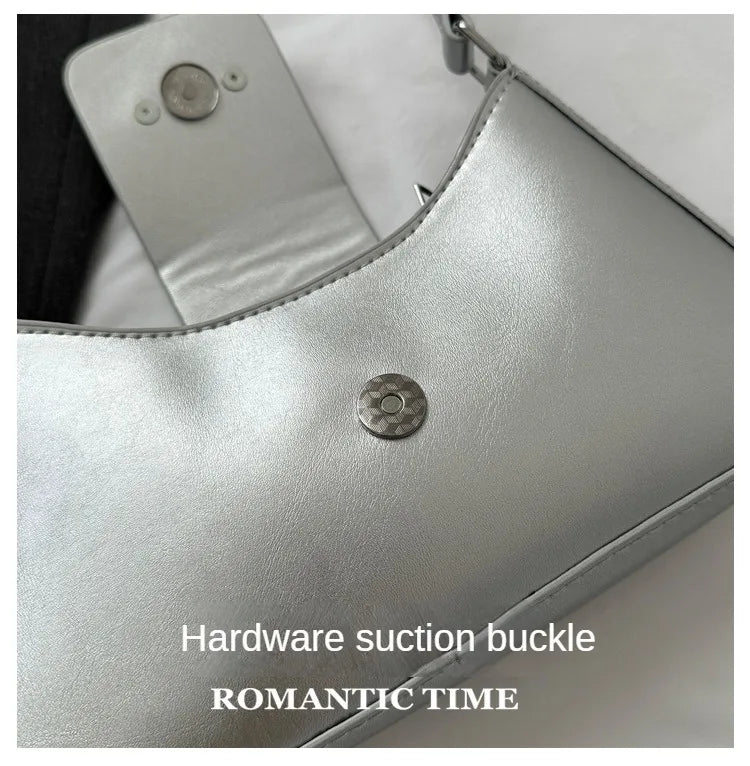 Silver Shoulder Bags for Women 2024 Classic Y2K Small Purse Glossy PU Leather Luxury Brand Female Underarm Handbags Daily Bag
