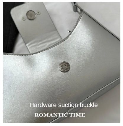 Silver Shoulder Bags for Women 2024 Classic Y2K Small Purse Glossy PU Leather Luxury Brand Female Underarm Handbags Daily Bag