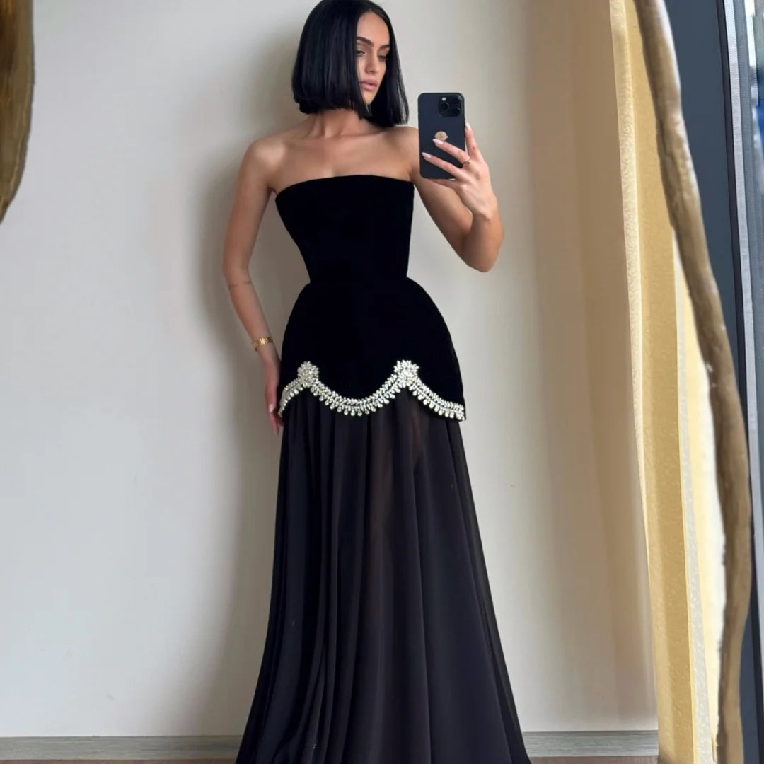 Bella Customized Black Glitter Strapless Backless robes de soirée SleevelessA-line Party Dresses Floor-Length Prom Dress 2026