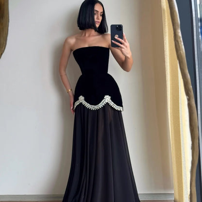 Bella Customized Black Glitter Strapless Backless robes de soirée SleevelessA-line Party Dresses Floor-Length Prom Dress 2026