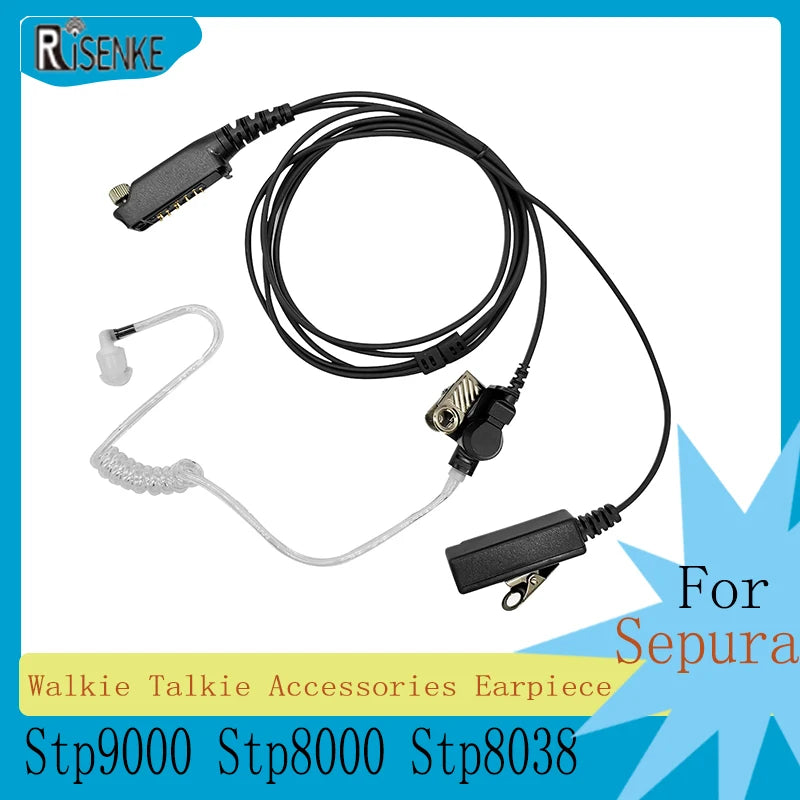 RISENKE-Earpiece for Sepura Walkie Talkie, Headset with Mic, PTT and Tube, SC2020,Stp9000, Stp8000, STP8030, STP8035, Stp8038