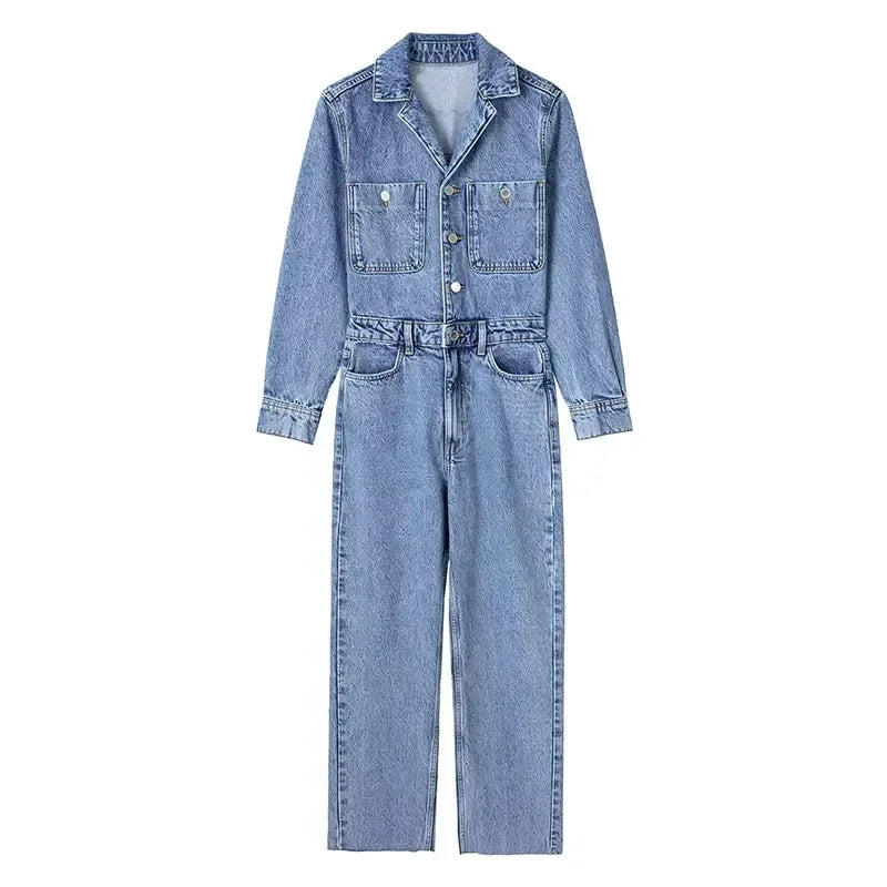Autumn Denim Jumpsuit for Women Overalls Woman Jean Overalls Long Sleeve Elegant Jumpsuits Y2k Streetwear 2024 Turn Down Collar