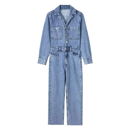 Autumn Denim Jumpsuit for Women Overalls Woman Jean Overalls Long Sleeve Elegant Jumpsuits Y2k Streetwear 2024 Turn Down Collar
