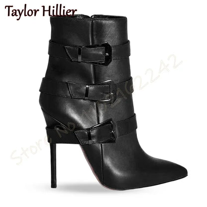 Rose Red Suede Belt Buckle Short Boots Pointed Toe Stiletto Side Zipper Modern Boots Fashion Party Catwalk Luxury Short Boots 46