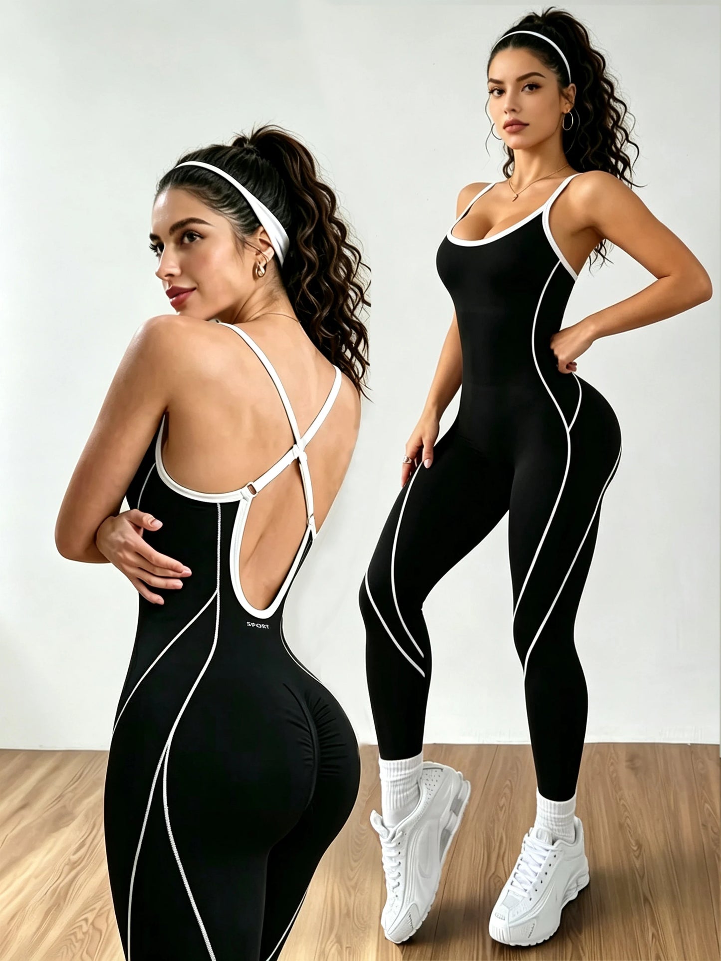 Women Contrast Piping Yoga Jumpsuit Thin Strap Open Back One Piece Workout Bodysuit High Elastic Slim Fitness Gym Sports Rompers