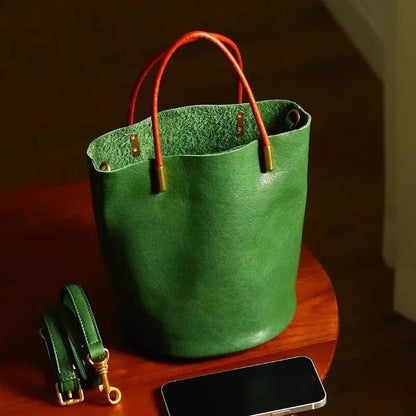 Luxury Leather Green Bucket Bag Retro Metal Handle Large Capacity Tote Bag Fashionable Casual Solid Color Shoulder Bag