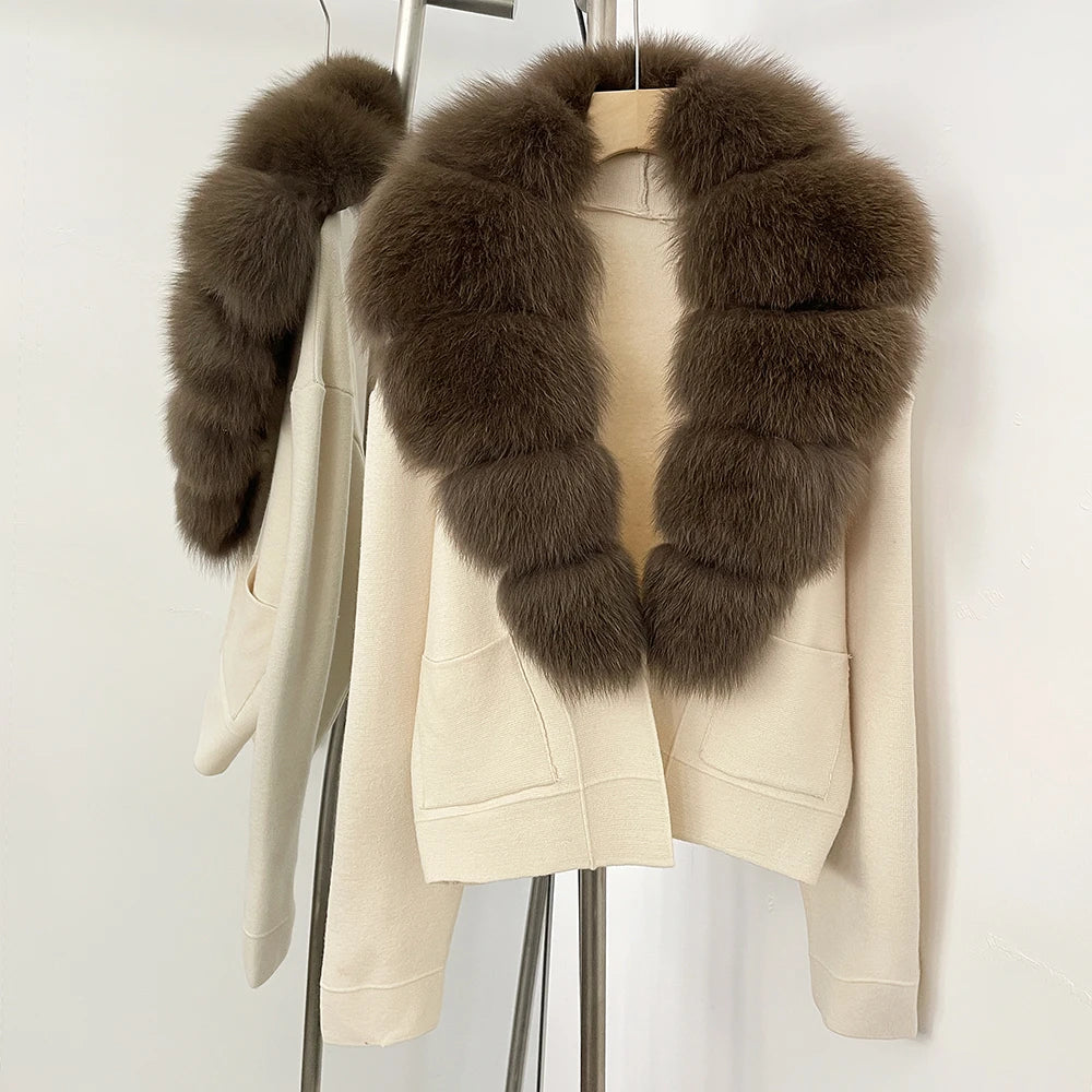OFTBUY Loose Fit Warm Winter Fashion Lady Outerwear Sweater Female 2025 New Women's Knit Cardigan with Large Real Fox Fur Collar