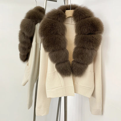 OFTBUY Loose Fit Warm Winter Fashion Lady Outerwear Sweater Female 2025 New Women's Knit Cardigan with Large Real Fox Fur Collar
