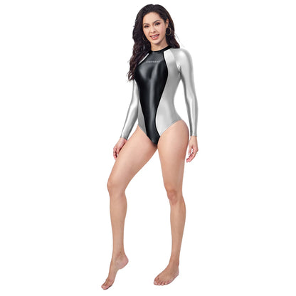 AMORESY Lyrenza Series Satin Silky Smooth Swimwear One-piece Long-sleeve Elastic Patchwork Sports Leotards Bodysuit Bathing Suit